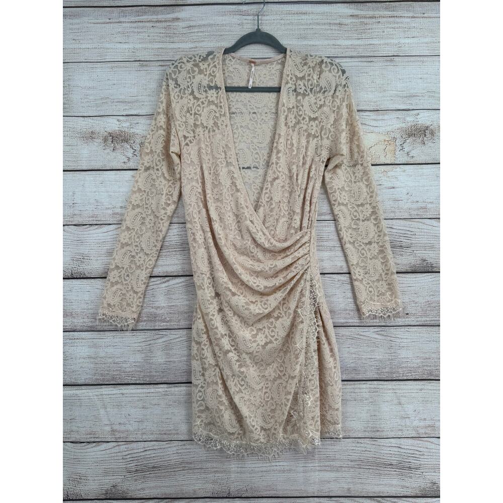 Free People Lace‎ Wrap Dress Womens Medium Pink Cream Rough Hem Ruched Side
